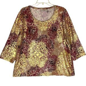 Chicos Zenergy Womens Burgundy & Gold Shimmer 3/4 Sleeve Top Size 3 / XL